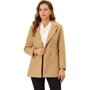 Double Breasted Short Pea Coat Tie Waist Winter Lapel Overcoat with Belt Khaki